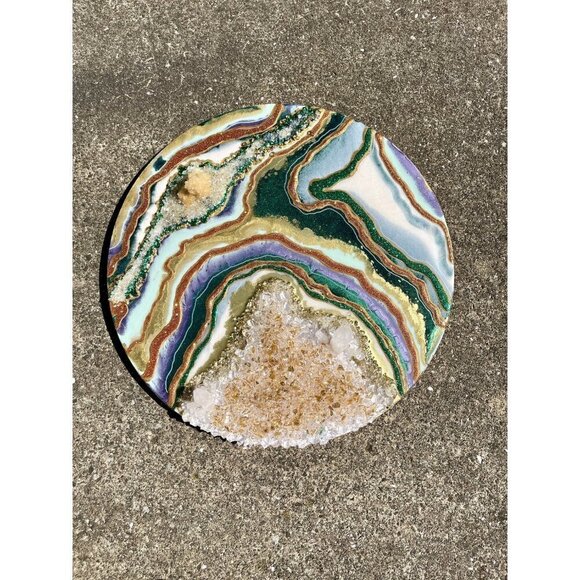 Geode Abstract Resin Art Piece | 24" Round | Yellow Calcite Crystals and Quartz - Picture 4 of 12